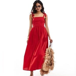Abercrombie Red Smocked Tie Strap Midi Dress NWT Large Summer Sundress